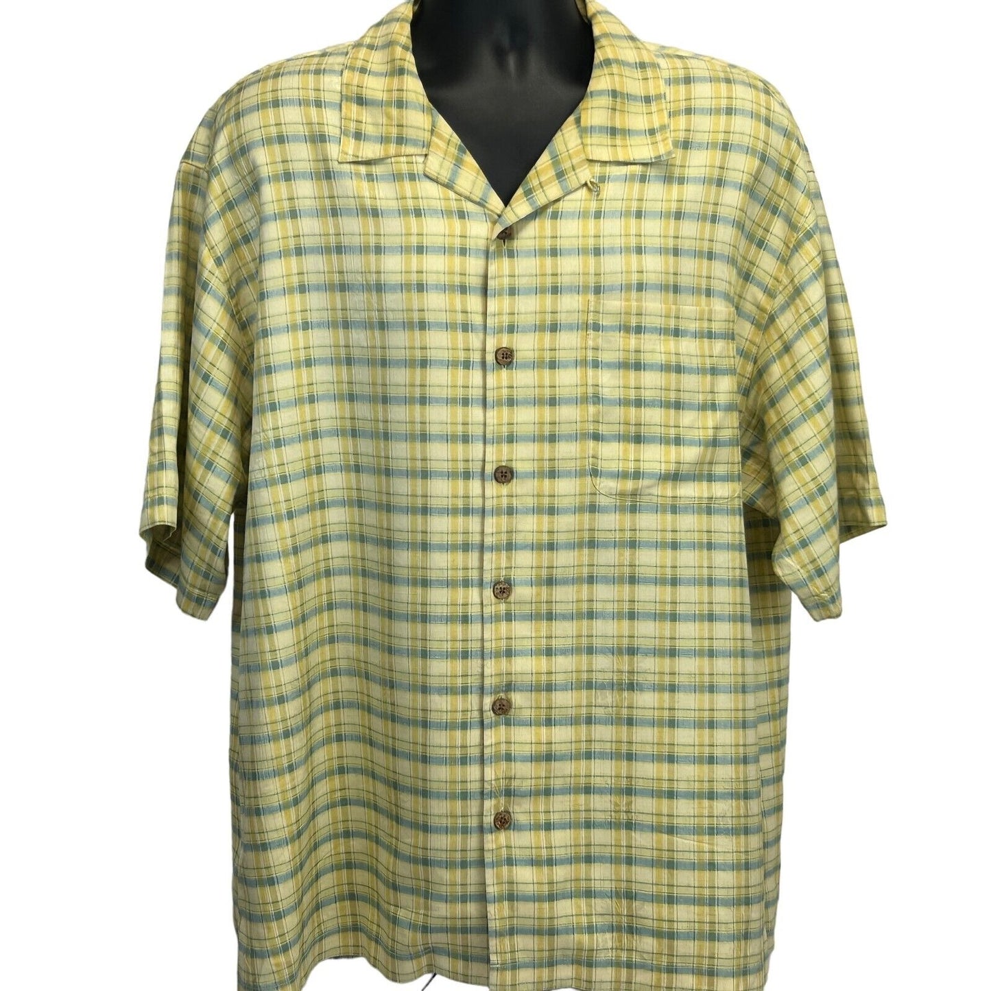 Tommy Bahama Silk Hawaiian Button Front Camp Shirt Mens X-Large SS Plaid Yellow