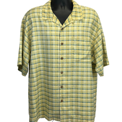 Tommy Bahama Silk Hawaiian Button Front Camp Shirt Mens X-Large SS Plaid Yellow