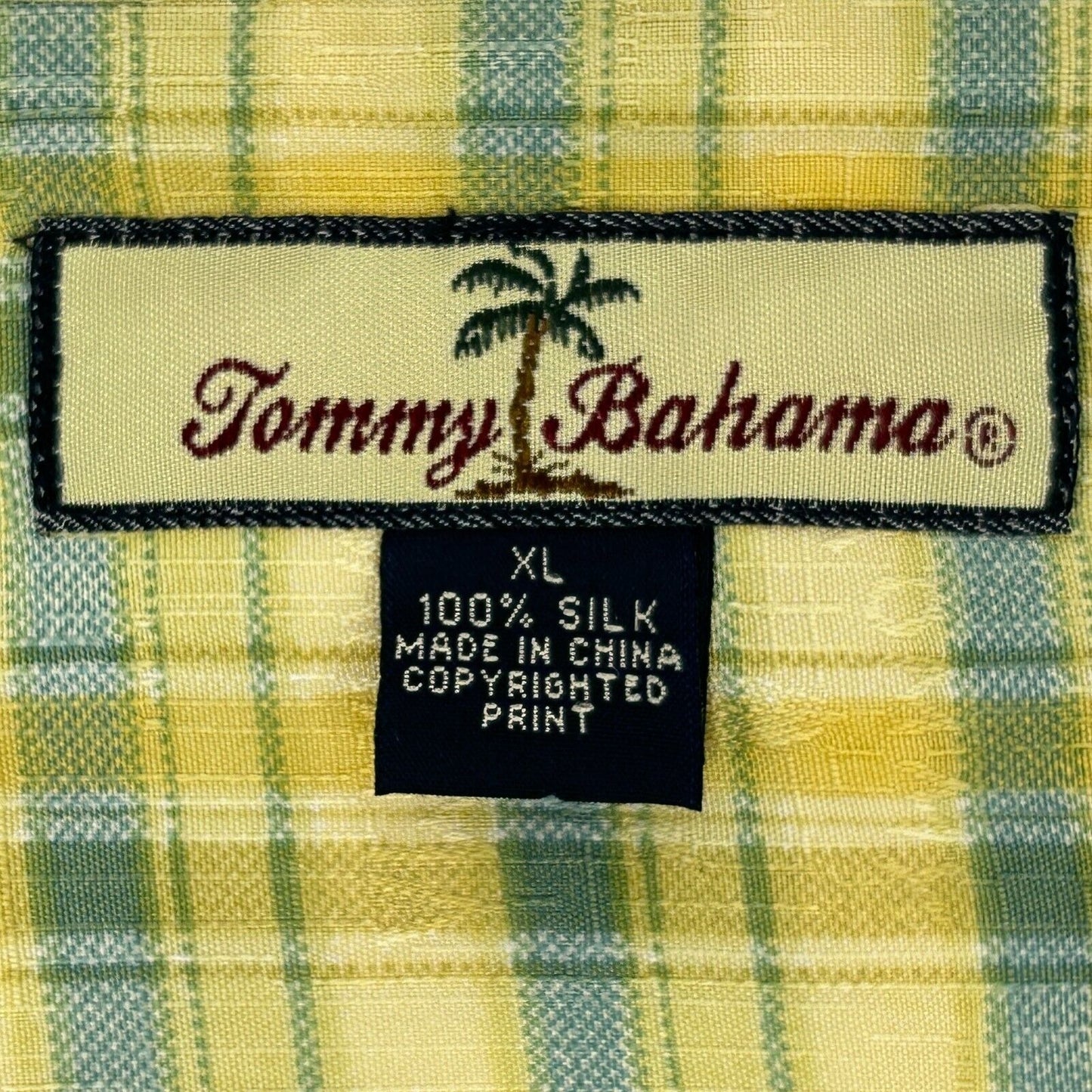 Tommy Bahama Silk Hawaiian Button Front Camp Shirt Mens X-Large SS Plaid Yellow