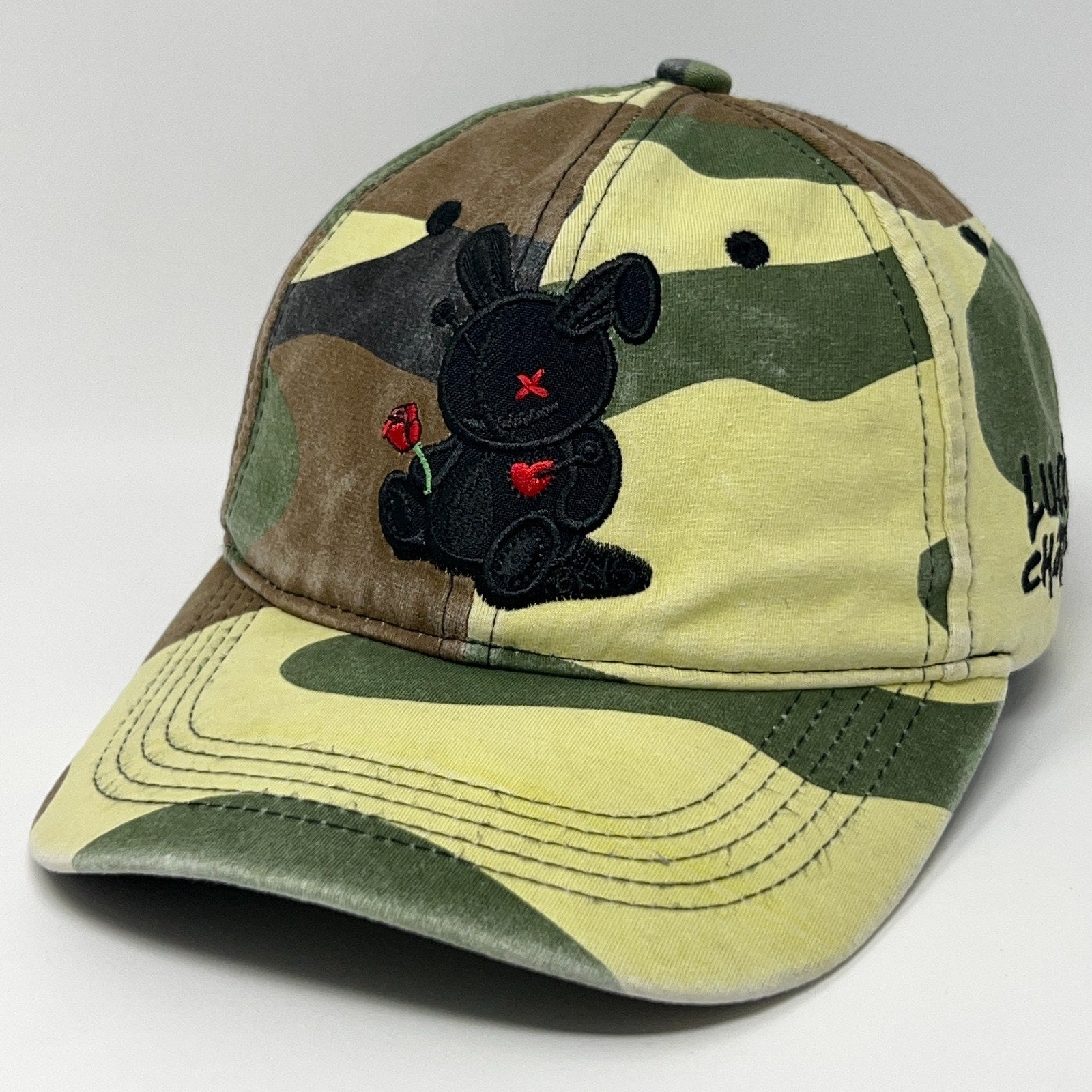 BKYS Lucky Charm Camouflage Baseball Cap featuring Black Bunny Logo with Red Heart Detail