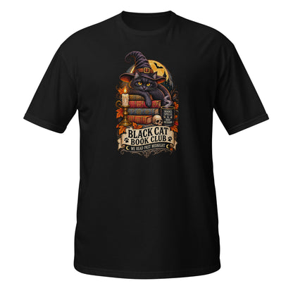 Black T-shirt featuring a Halloween design with a black cat and books on the front