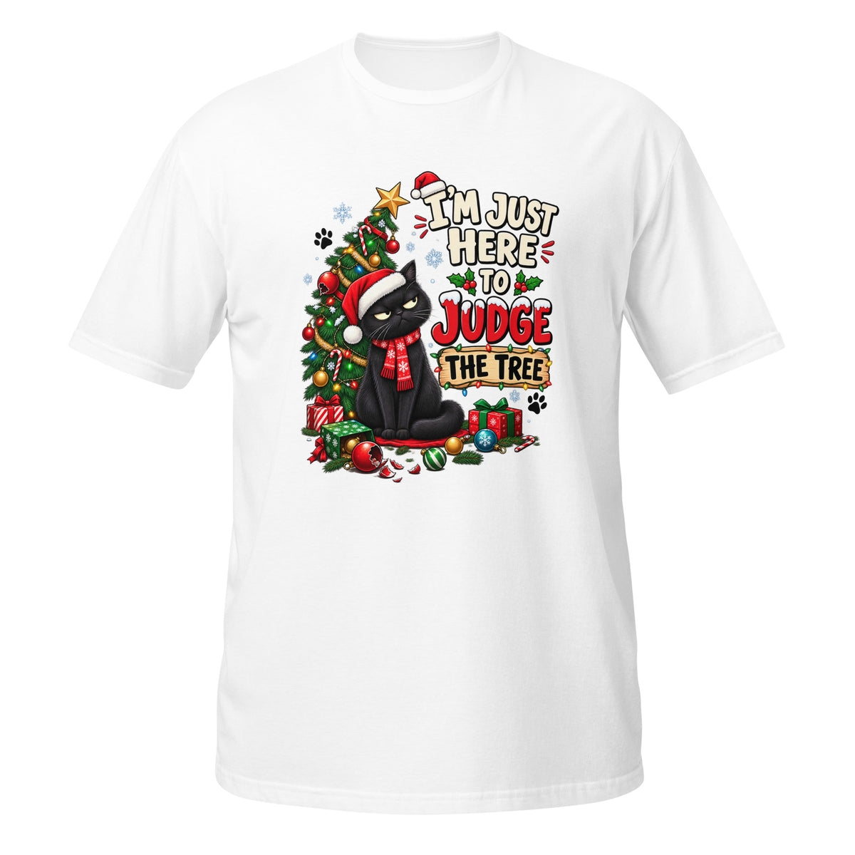 White T-shirt featuring a black cat with a Santa hat and Christmas tree graphic, in a front view