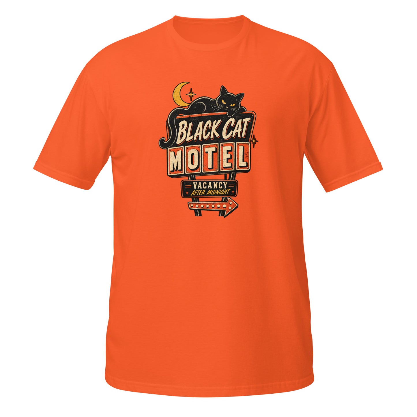 Orange Halloween T-shirt featuring a Black Cat Motel graphic design on the front