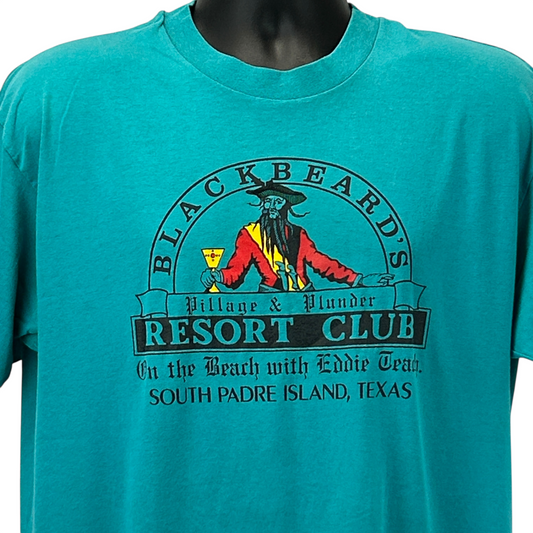 Teal Hanes T-Shirt featuring Blackbeard's Resort Club graphic on the front, size large, showcasing South Padre Island