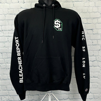 Black Champion Bleacher Report Hoodie with front pocket and logo detail on sleeves, available in various sizes