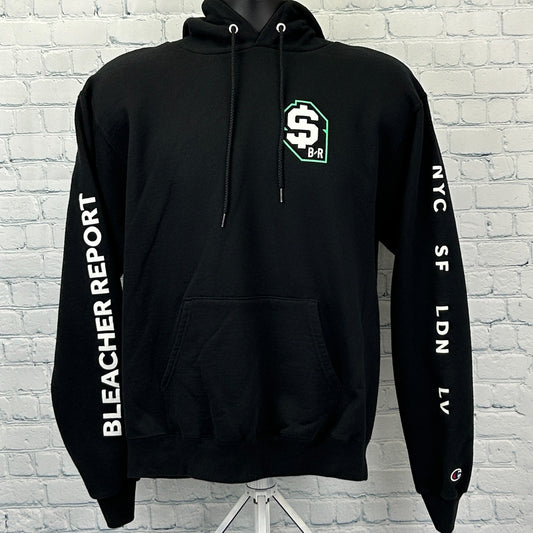 Black Champion Bleacher Report Hoodie with front pocket and logo detail on sleeves, available in various sizes