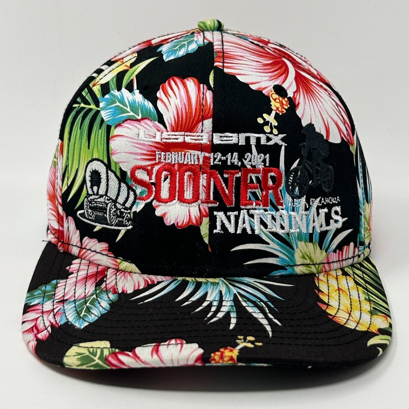 Otto BMX Hat with floral pattern, front view, featuring Sooner Nationals logo and vibrant colors