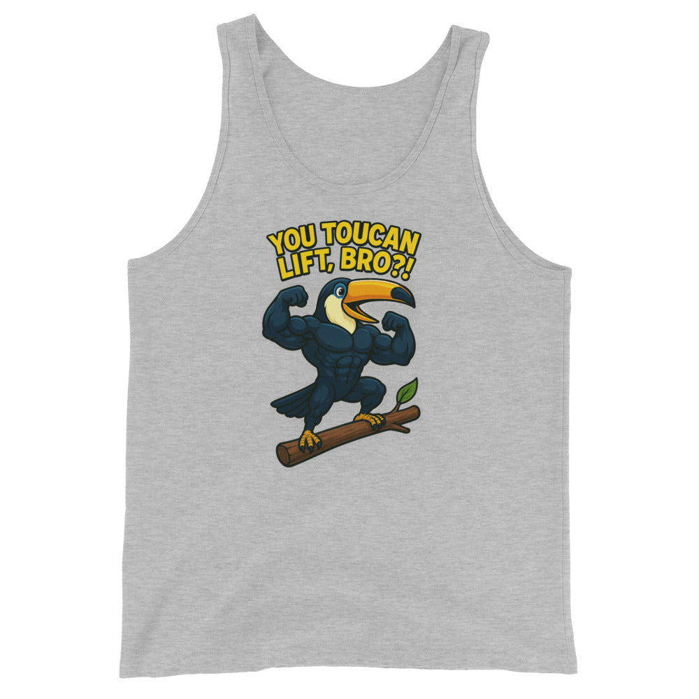 Gray Neon Vintage tank top featuring a bodybuilder toucan graphic with the text You Toucan Lift, Bro