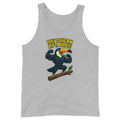 Gray Neon Vintage tank top featuring a bodybuilder toucan graphic with the text You Toucan Lift, Bro