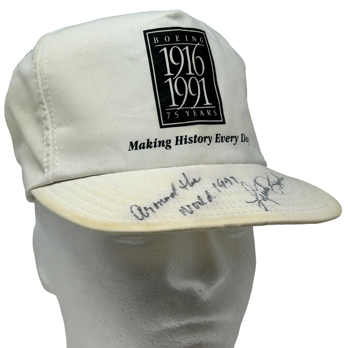 Vintage Boeing 75 Years Cap in white with black logo and signature, front view