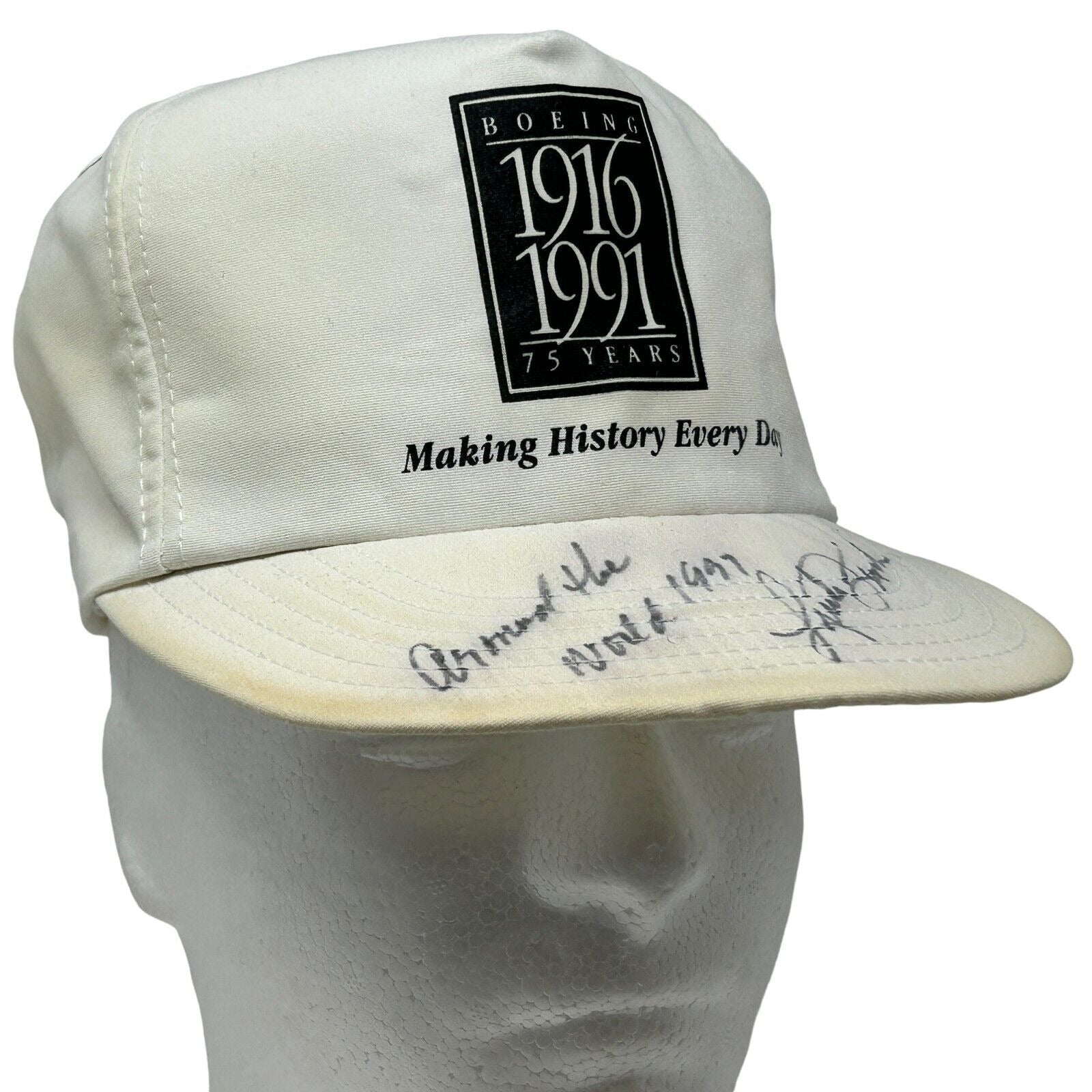 Vintage Boeing 75 Years Cap in white with black logo and signature, front view