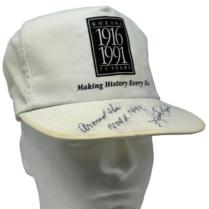 Vintage Boeing 75 Years Cap in white with black logo and signature, front view