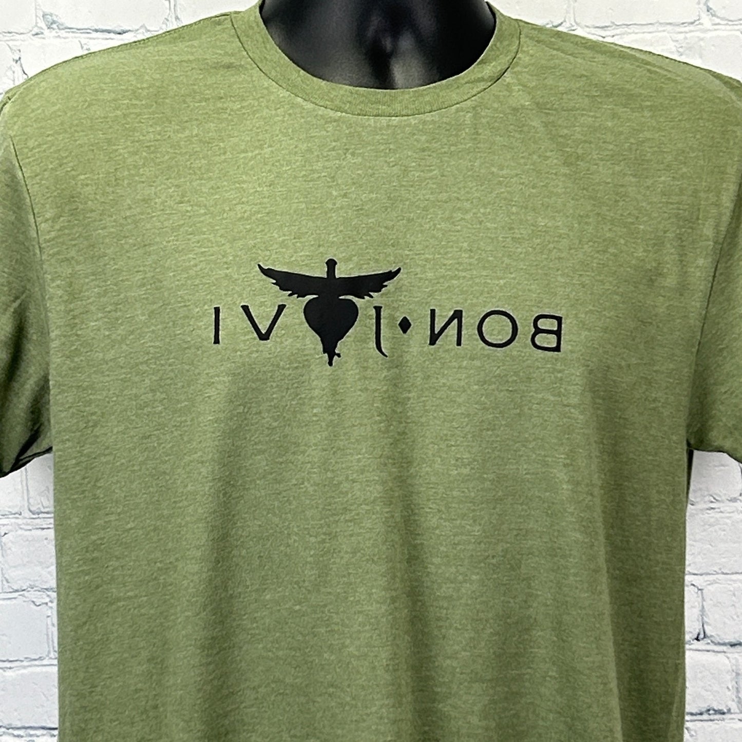 Gildan Olive Green Bon Jovi T-Shirt in size medium featuring a bold front logo design
