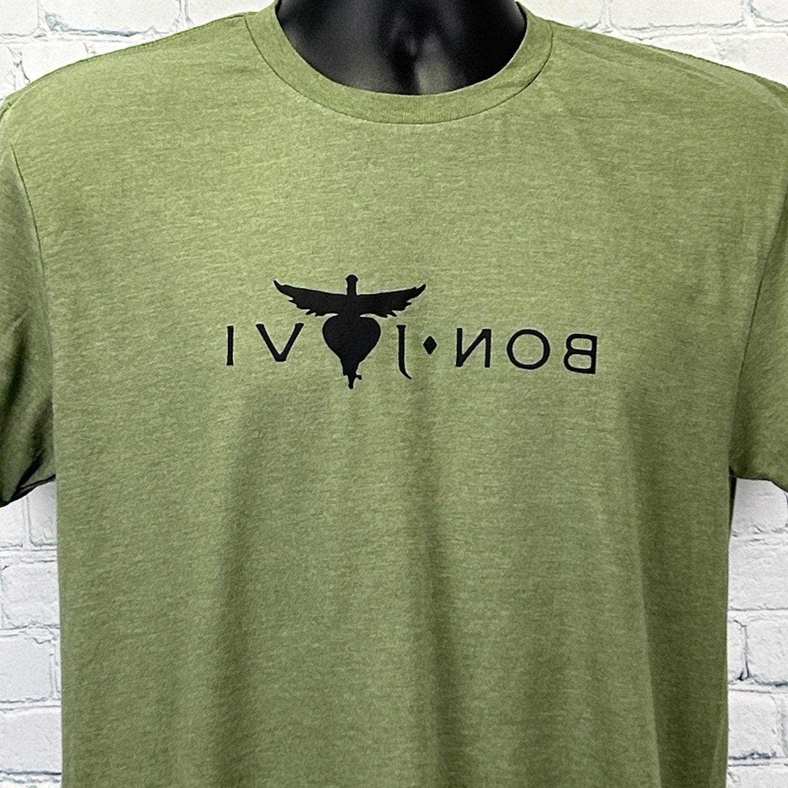 Gildan Olive Green Bon Jovi T-Shirt in size medium featuring a bold front logo design