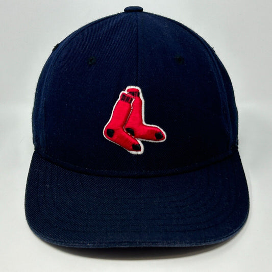 Front view of a navy Boston Red Sox cap featuring a red socks logo for baseball fans