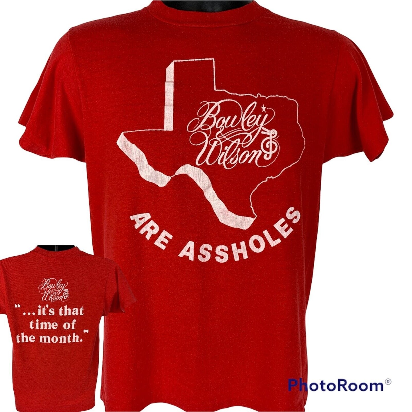 Red Hanes T-Shirt featuring Bowley and Wilson logo with Texas outline, front view, casual fit