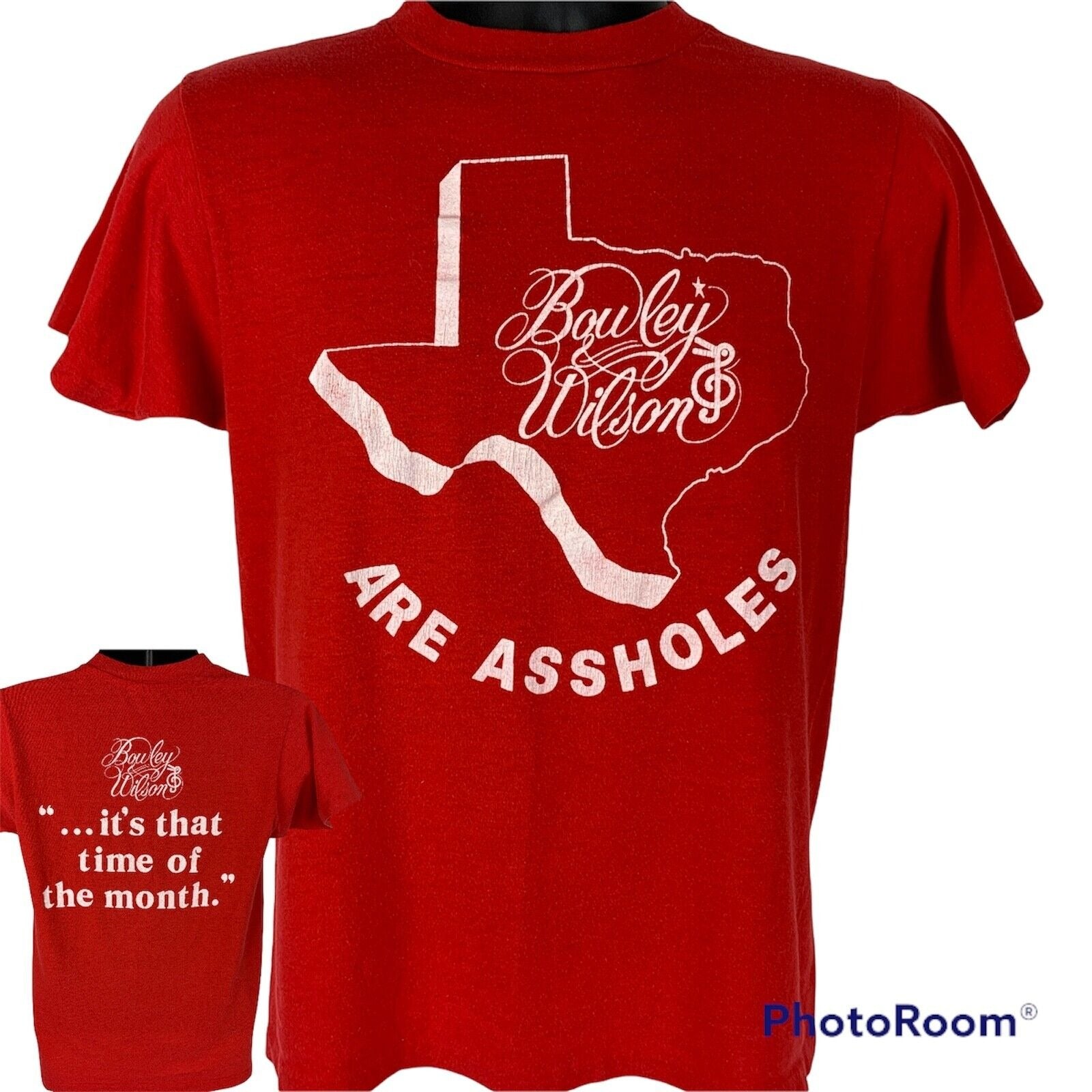 Red Hanes T-Shirt featuring Bowley and Wilson logo with Texas outline, front view, casual fit