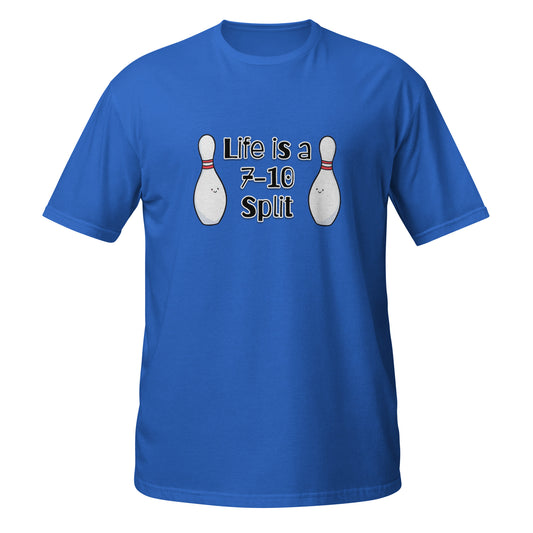 Neon Vintage Blue T-Shirt in size medium featuring 'Life is a 7-10 Split' graphic for bowling enthusiasts