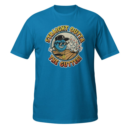 Neon Vintage Bowling T-Shirt in turquoise featuring a playful graphic of a bowling ball and pins