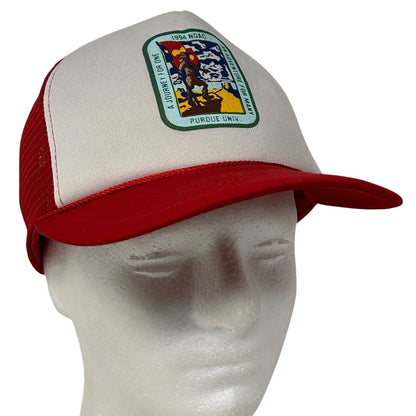 Vintage red and white trucker hat featuring Boy Scouts logo on front with mesh back for breathability