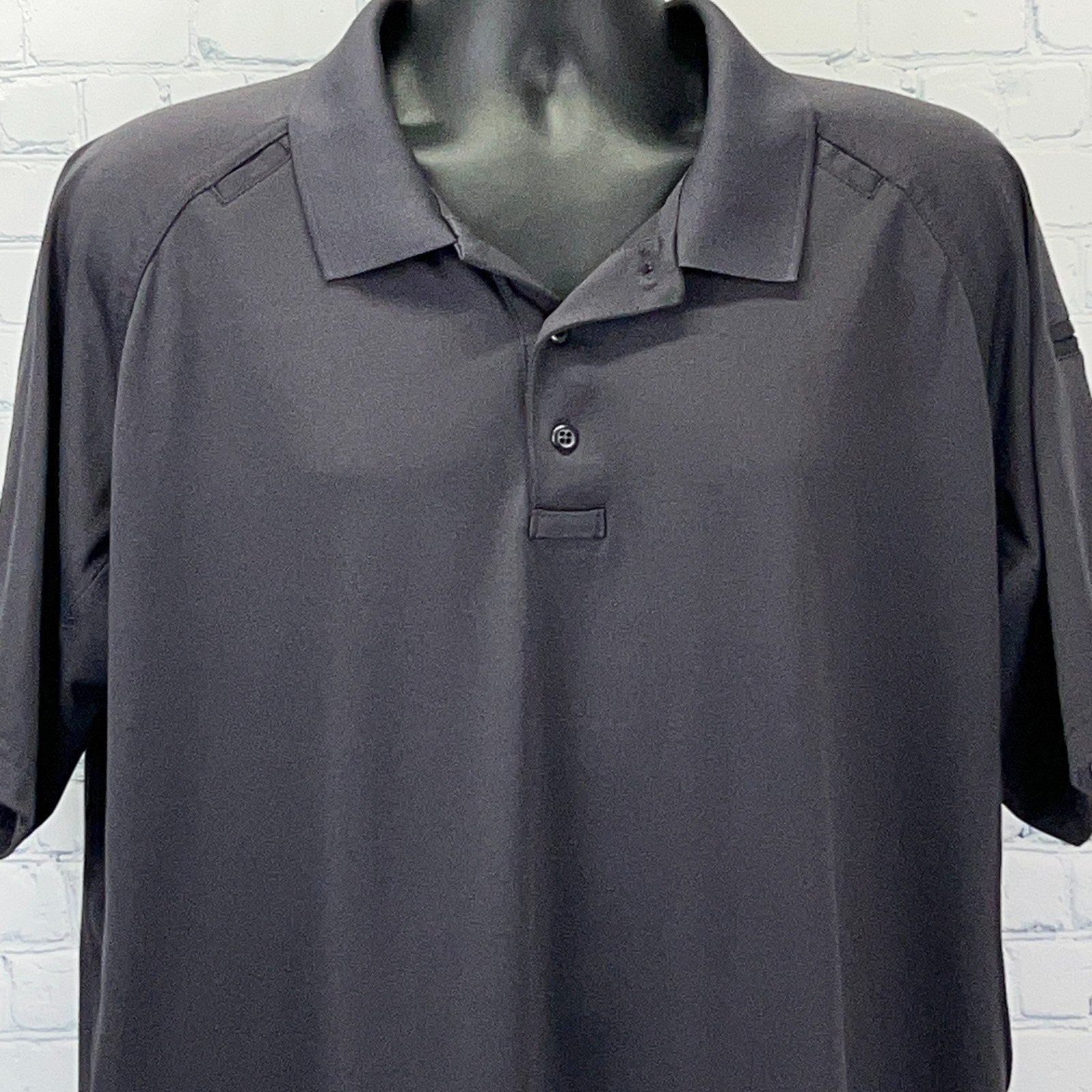 Black 511 Tactical Polo Shirt, Short Sleeve, Front View with logo on chest for tactical wear