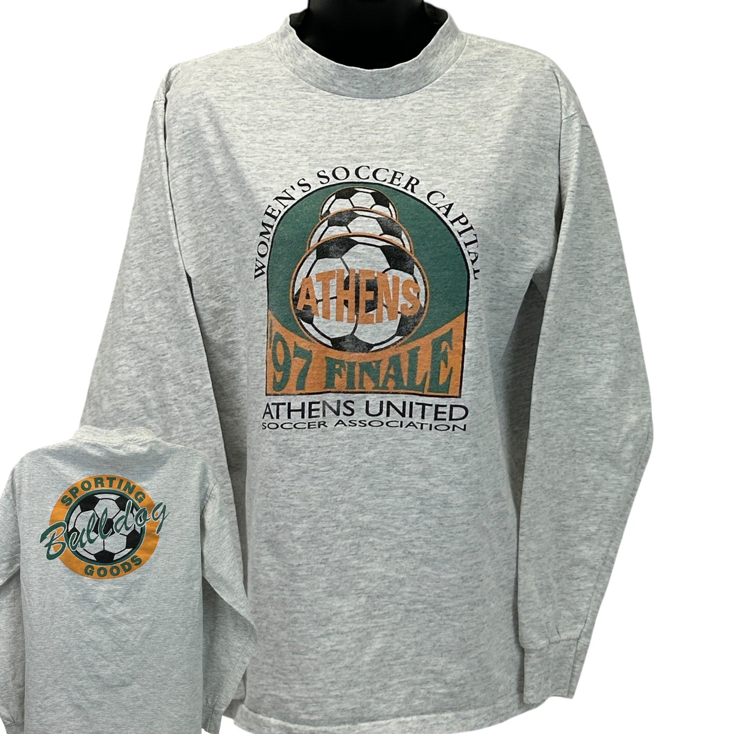 Women's long-sleeve gray T-Shirt featuring Athens United soccer graphic on the front and Bulldog logo on the back