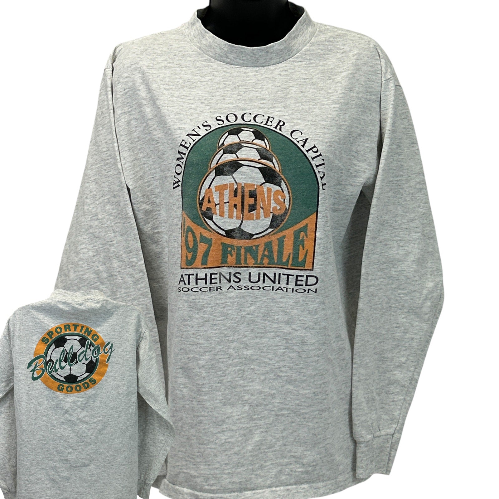 Women's long-sleeve gray T-Shirt featuring Athens United soccer graphic on the front and Bulldog logo on the back