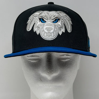New Era baseball hat in black with blue details featuring wolf logo, front view