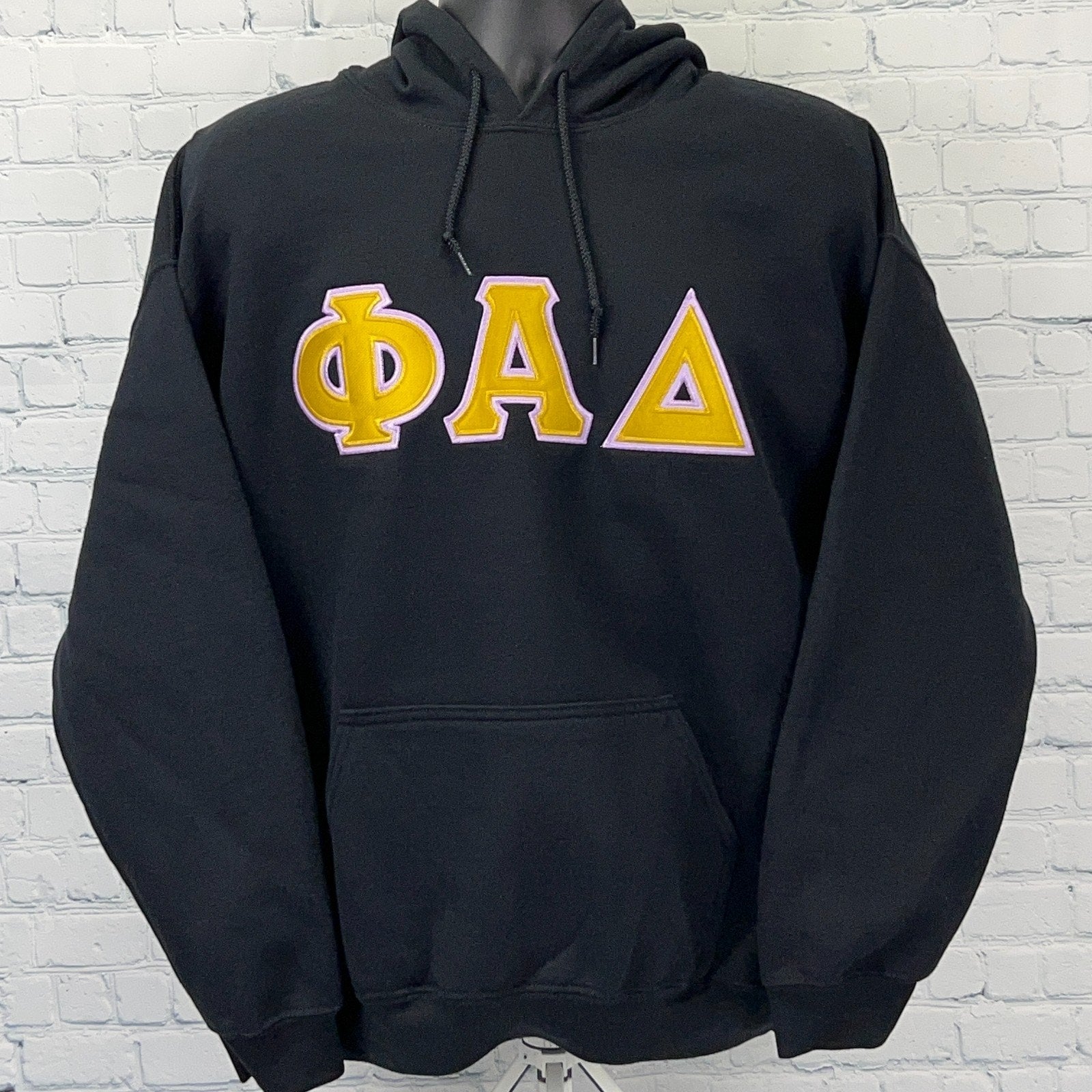 Gildan Hoodie Black Large Front with Phi Delta Letters