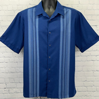 Cafe Luna Button Front Shirt in Blue with Striped Detail, Short Sleeves, Front View