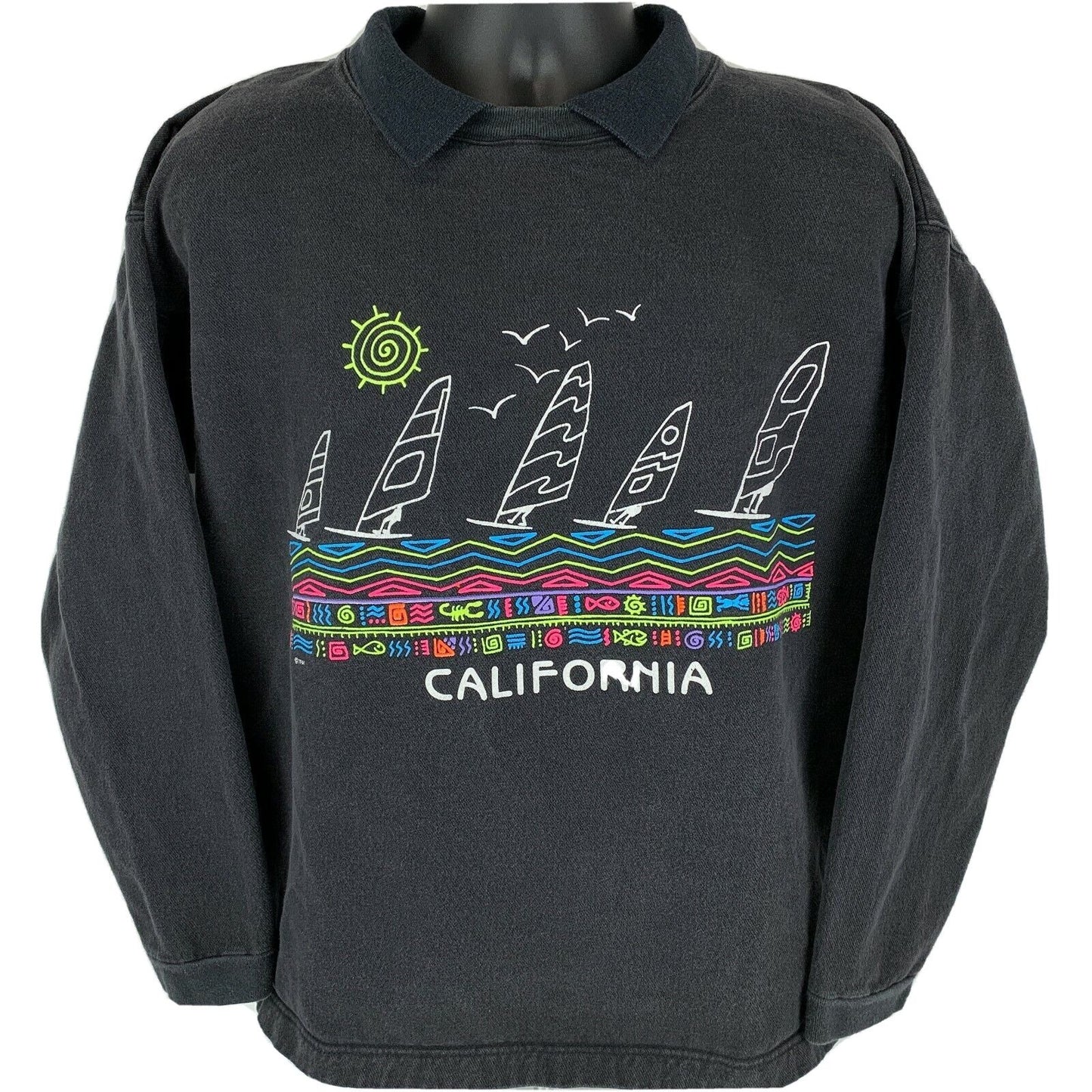 Vintage black sweatshirt featuring California Windsurfing graphic with boats and sun detail, size medium.