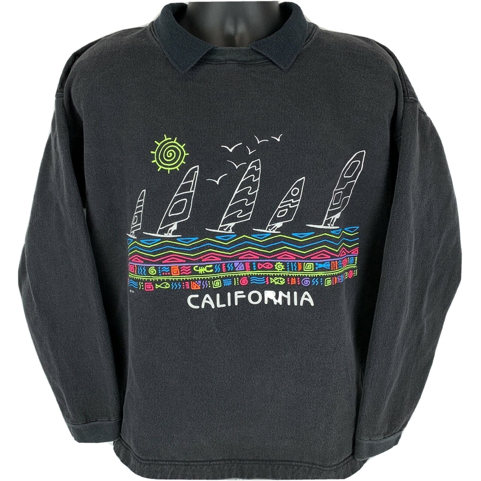 Vintage black sweatshirt featuring California Windsurfing graphic with boats and sun detail, size medium.
