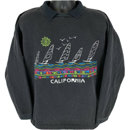 Vintage black sweatshirt featuring California Windsurfing graphic with boats and sun detail, size medium.