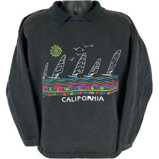 Vintage black sweatshirt featuring California Windsurfing graphic with boats and sun detail, size medium.
