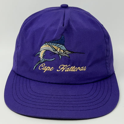 Purple Cape Hatteras Hat featuring embroidered marlin design and text on the front view