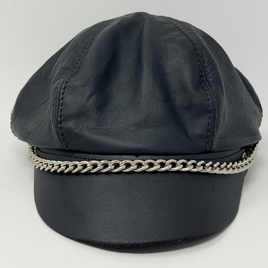Vintage black leather captain hat with silver chain detail, front view showcasing unique style.