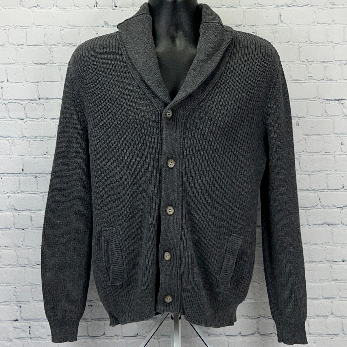 Charcoal Gray Shawl Collar Cardigan from Sun + Stone, Front View with Button Closure and Pockets