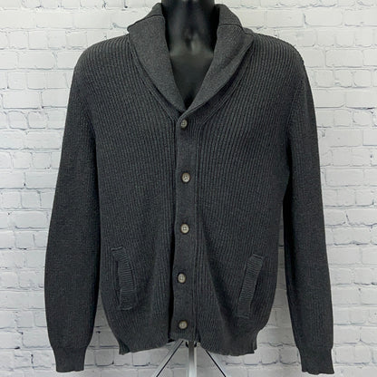 Charcoal Gray Shawl Collar Cardigan from Sun + Stone, Front View with Button Closure and Pockets
