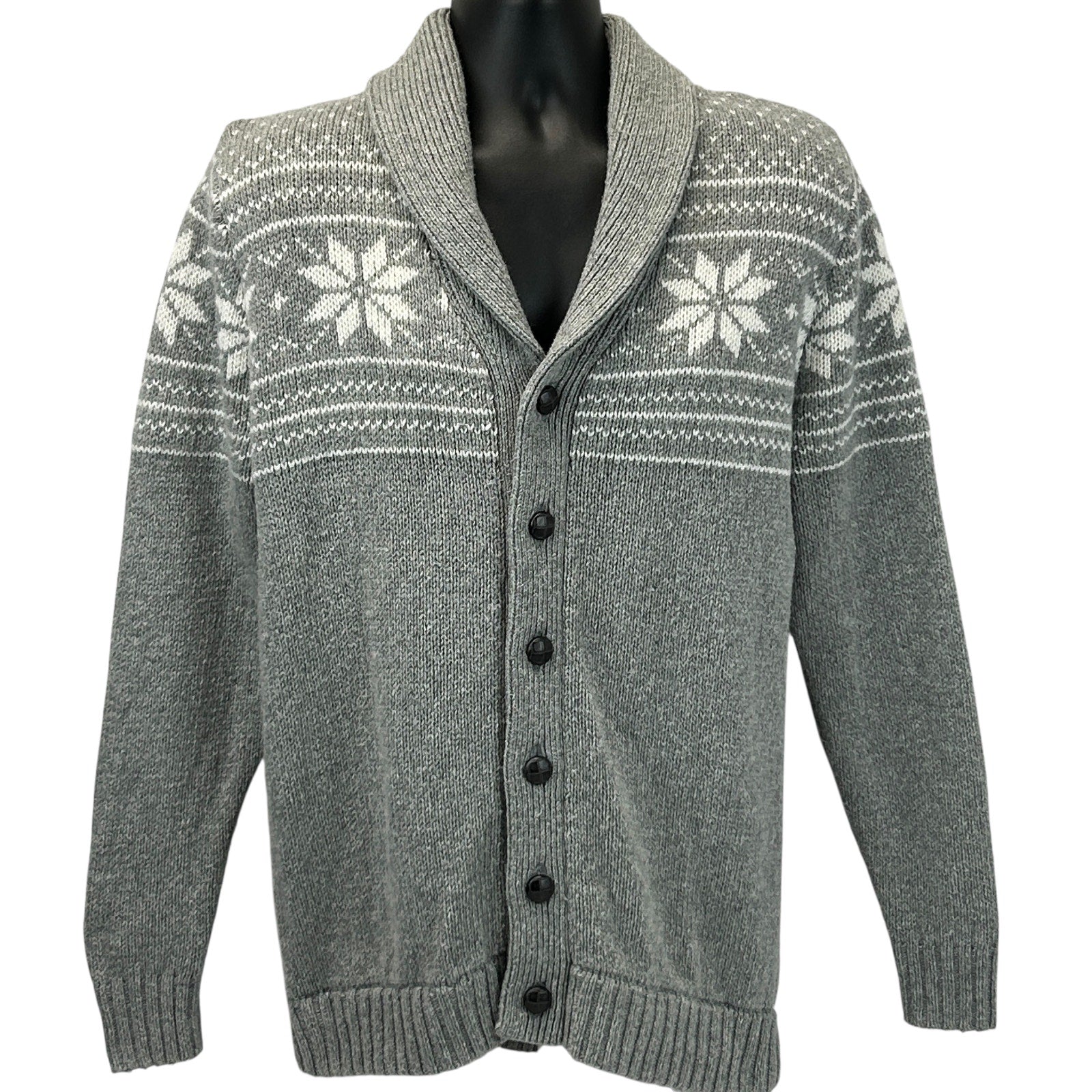 Old Navy gray cardigan with snowflake pattern, front view, featuring a shawl collar and button closures