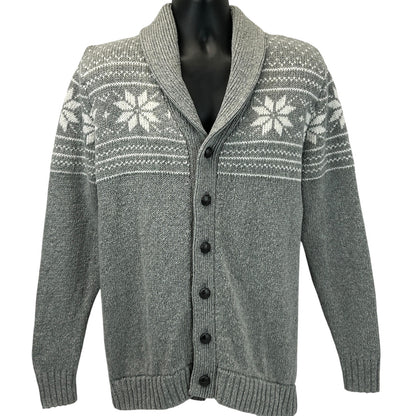 Old Navy gray cardigan with snowflake pattern, front view, featuring a shawl collar and button closures