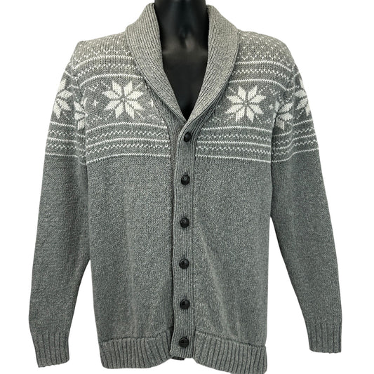 Old Navy gray cardigan with snowflake pattern, front view, featuring a shawl collar and button closures