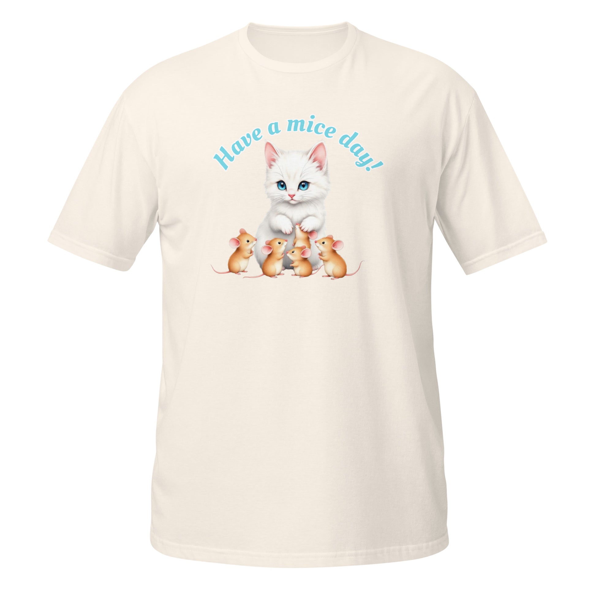 Cream Cat T-Shirt featuring a cute white kitten and mice with the phrase Have a mice day on the front
