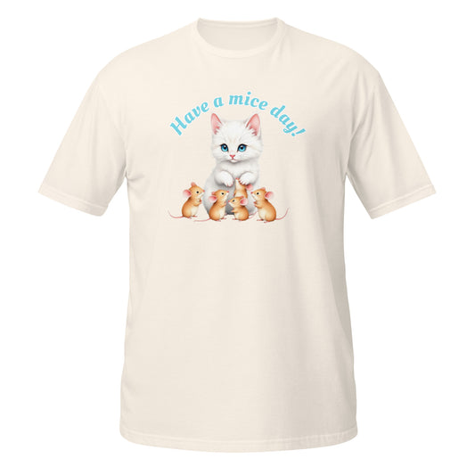 Cream Cat T-Shirt featuring a cute white kitten and mice with the phrase Have a mice day on the front