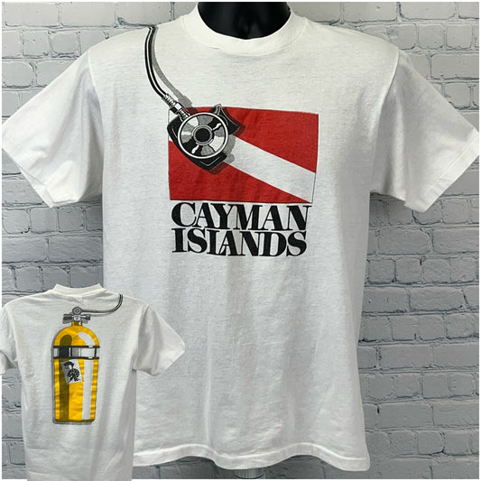 White SCUBA T Shirt featuring Cayman Islands graphic on the front and diving tank design on the back