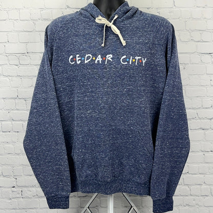 Navy blue Cedar City Utah hoodie with colorful logo, front view, perfect for casual wear
