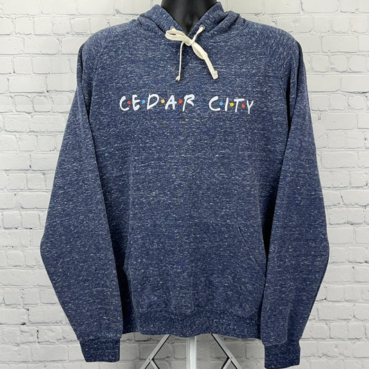 Navy blue Cedar City Utah hoodie with colorful logo, front view, perfect for casual wear