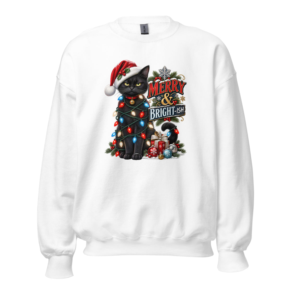 White Christmas Sweatshirt featuring a black cat in a Santa hat with colorful lights and festive decorations