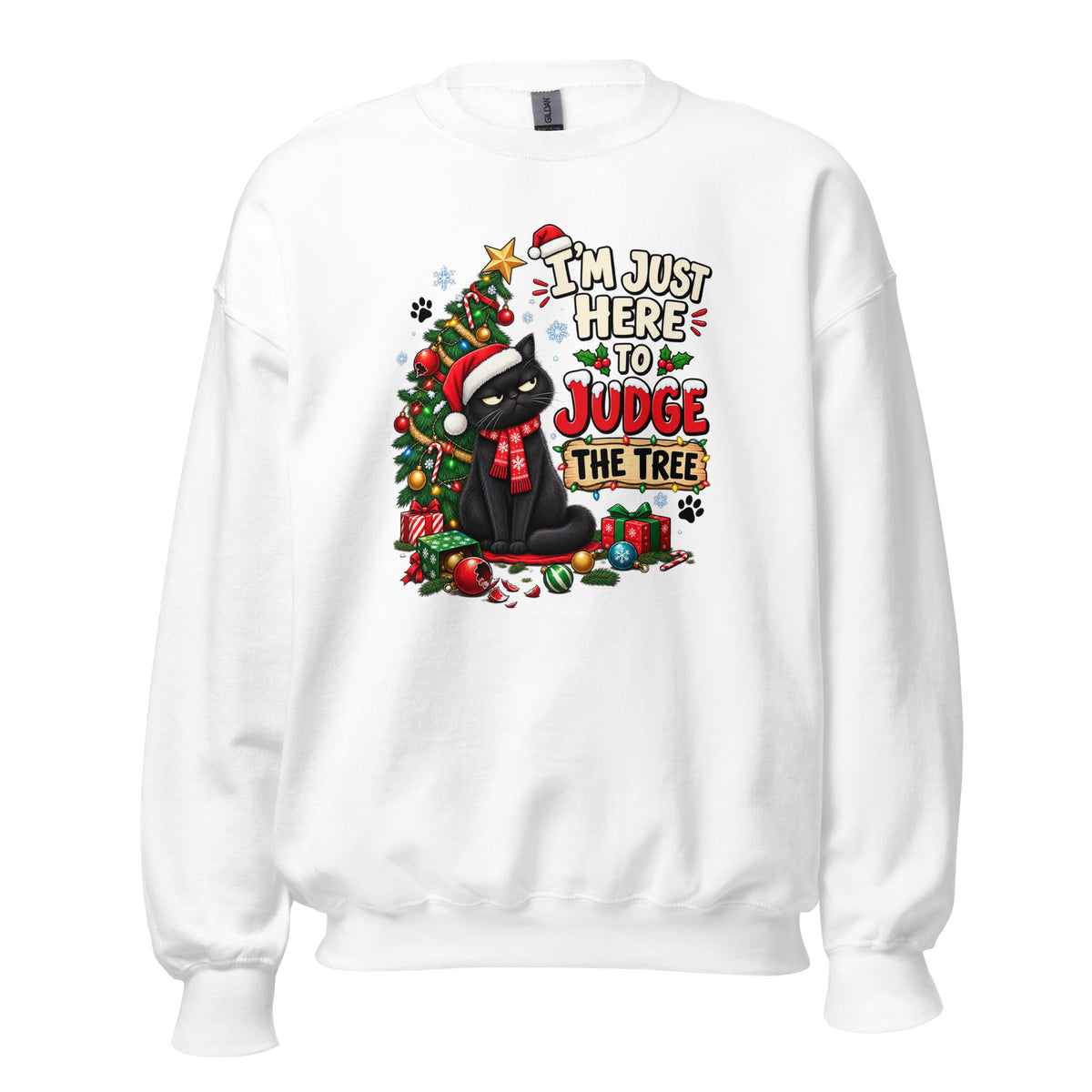 White Christmas T-shirt featuring a black cat in a Santa hat and festive design, front view