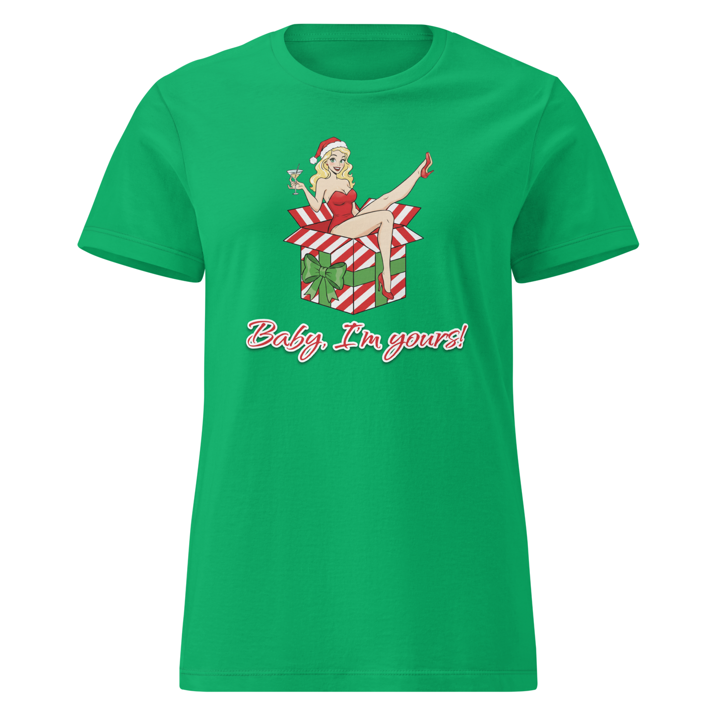 Green Christmas T-Shirt featuring a playful pin-up girl inside a gift box with the text Baby, I'm yours