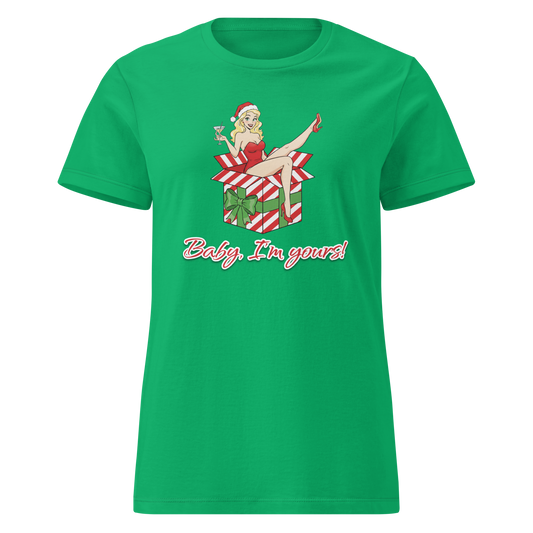 Green Christmas T-Shirt featuring a playful pin-up girl inside a gift box with the text Baby, I'm yours